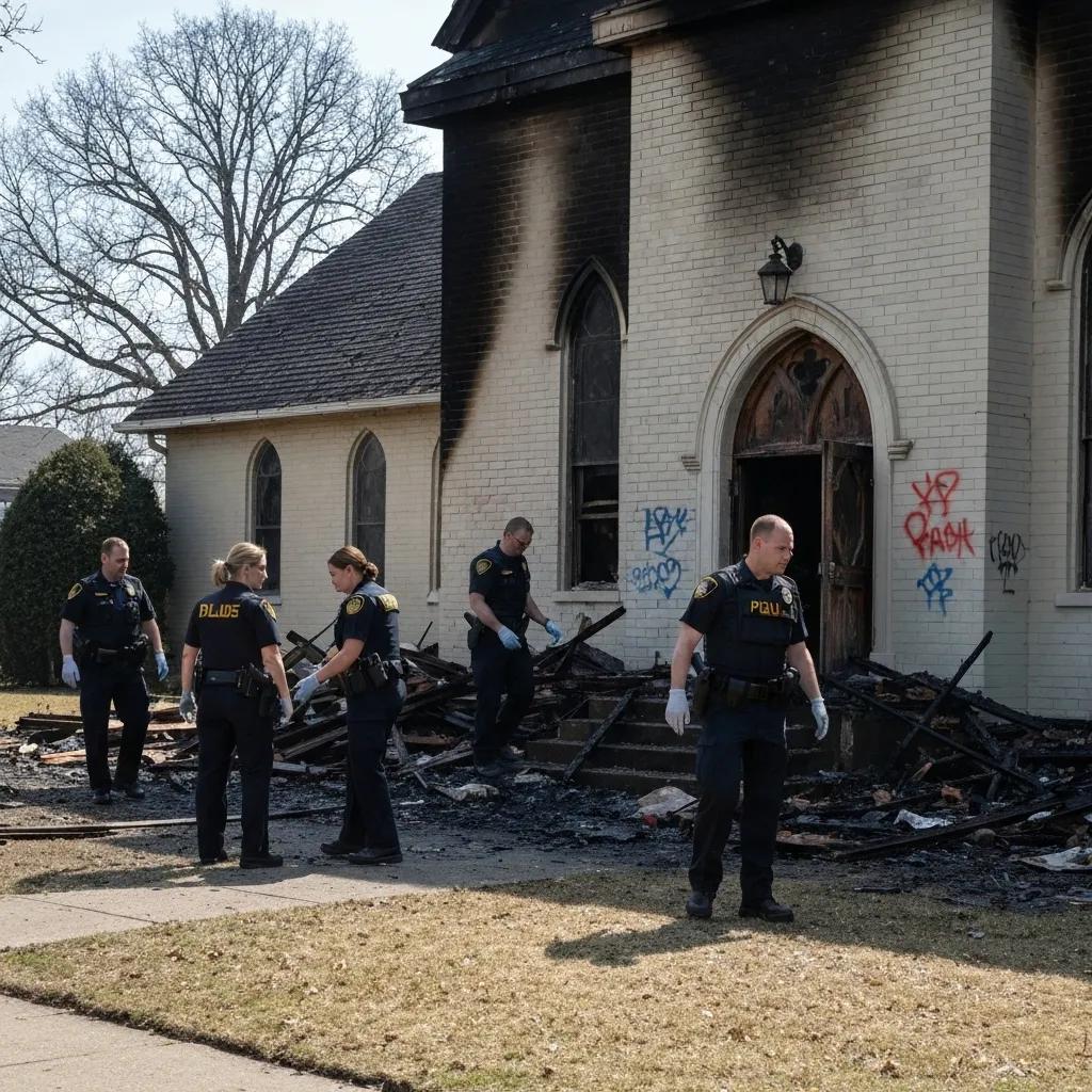 Investigators collecting evidence of hate crime motivation at a church arson site