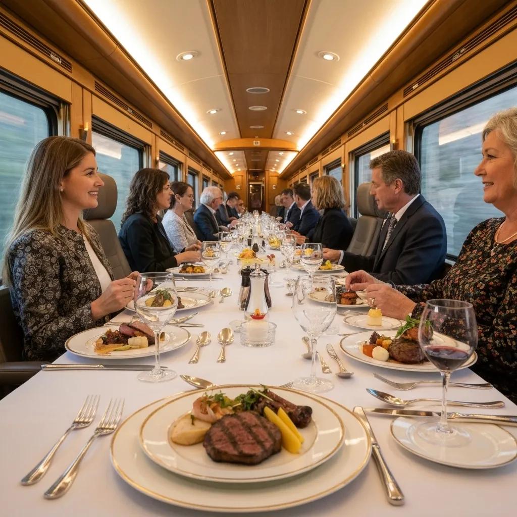 Gourmet dining experience in GoldLeaf service on Rocky Mountaineer with scenic views