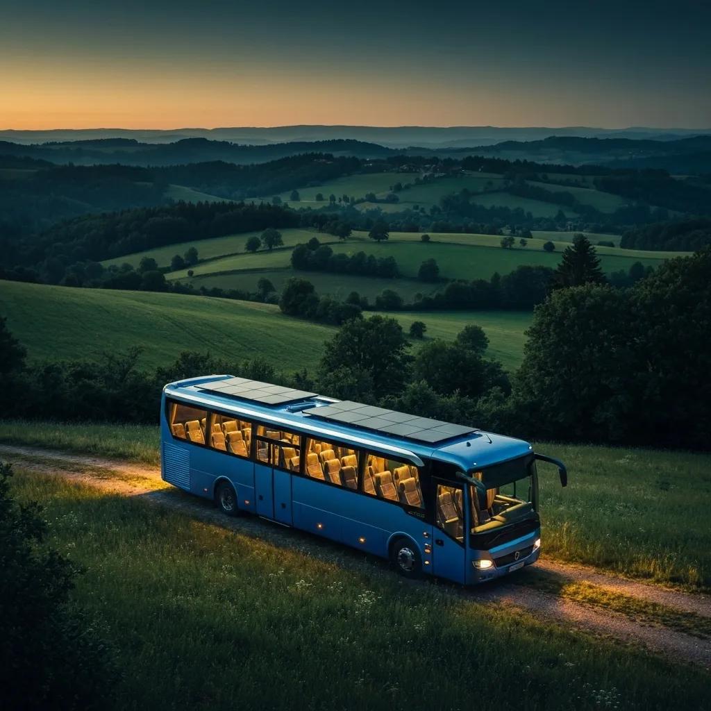 Luxury night bus in a scenic European landscape, representing sustainable travel