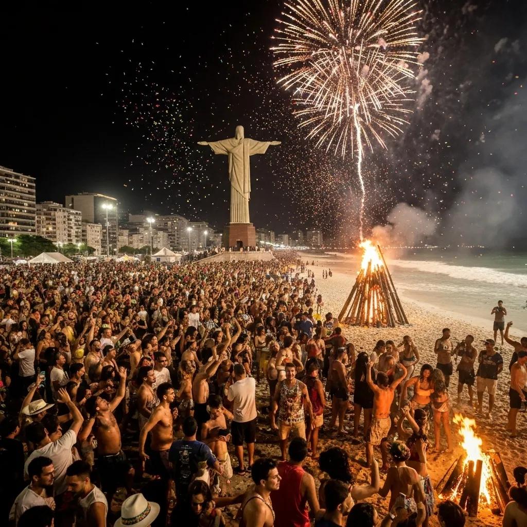 New Year's Eve celebration at Copacabana Beach with fireworks and crowd