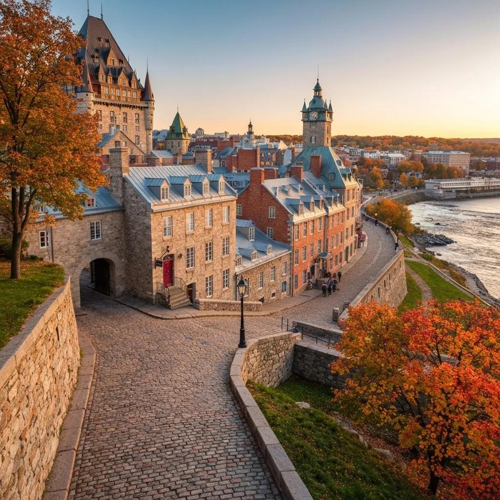Old Québec UNESCO World Heritage Site with autumn foliage and historic architecture
