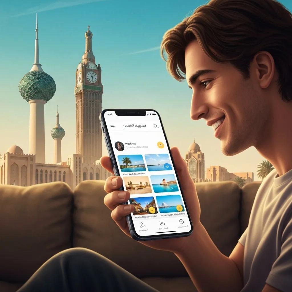 Person using a smartphone for mobile travel booking with Saudi landmarks in the background
