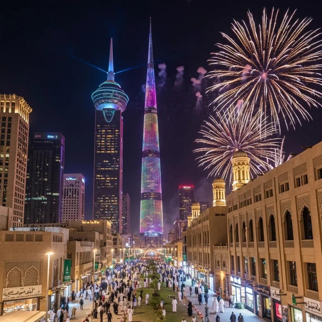 Riyadh skyline with Kingdom Centre Tower illuminated for National Day celebrations