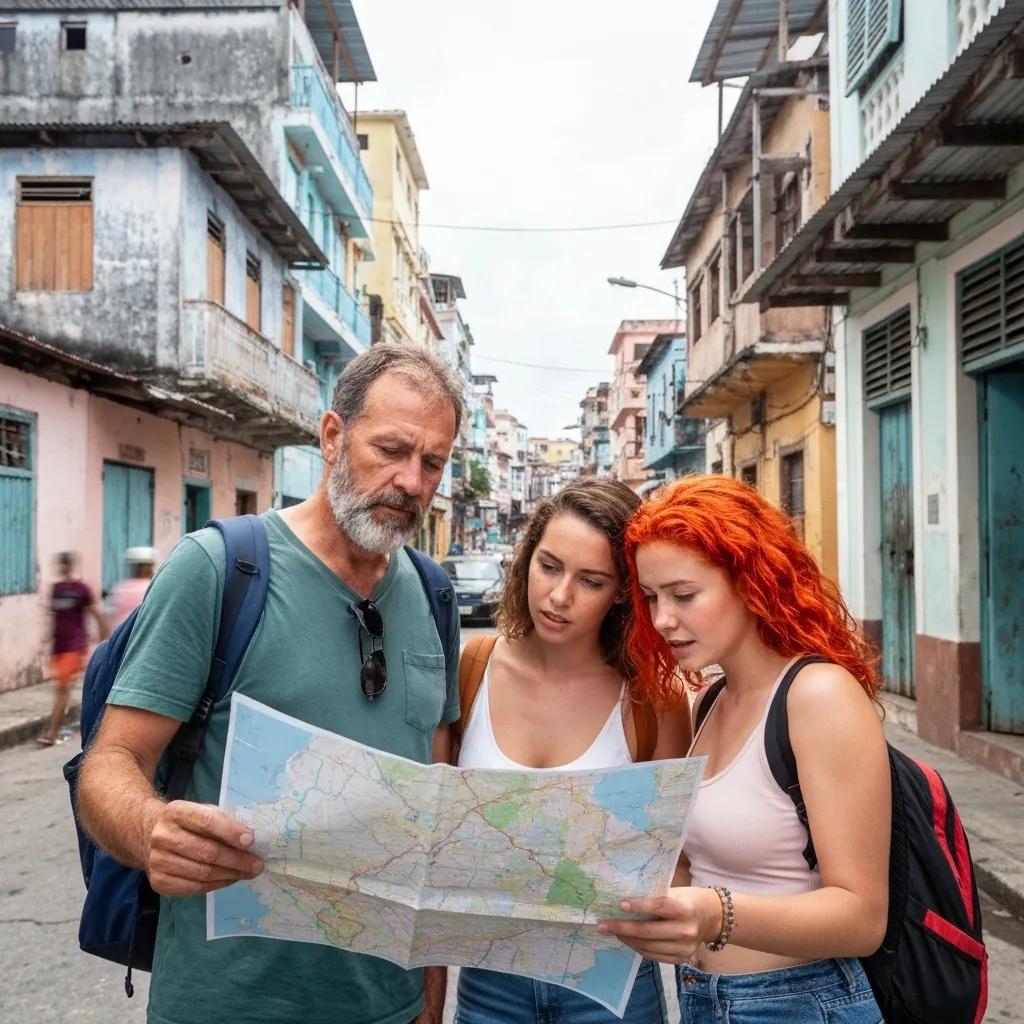 Travelers examining a map in a Caribbean city, highlighting awareness of safety threats