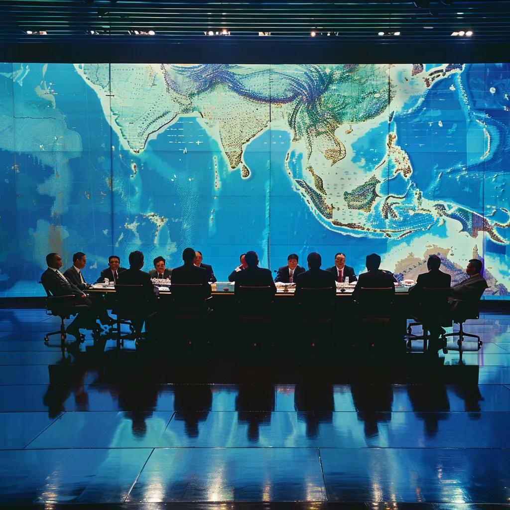 ASEAN leaders discussing maritime disputes at a summit with a South China Sea map