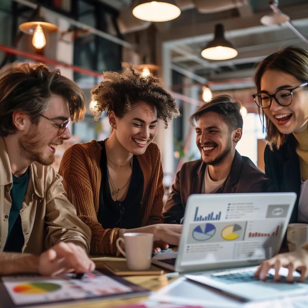 Group of young investors discussing a real estate crowdfunding project in a co-working space
