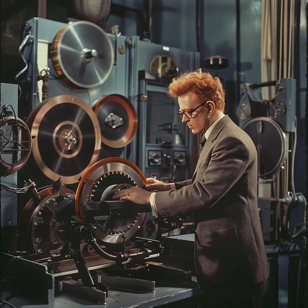 John Logie Baird demonstrating mechanical television technology in a vintage studio