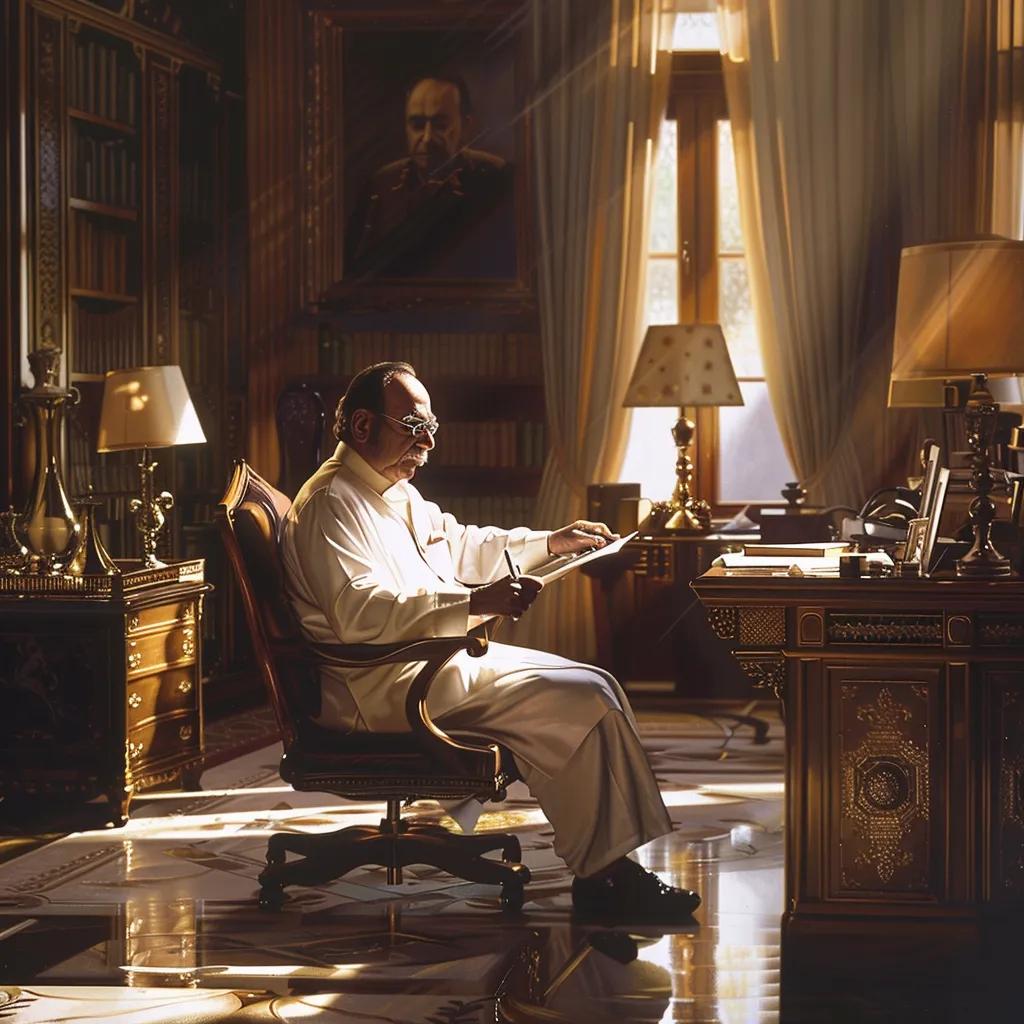 Asif Ali Zardari in his presidential office, discussing governance with advisors, highlighting leadership and authority