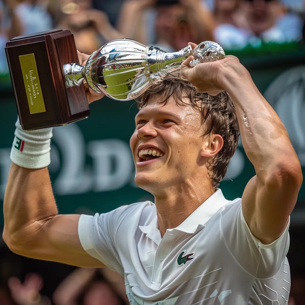 Jannik Sinner celebrating his Wimbledon 2025 men's singles victory with the trophy