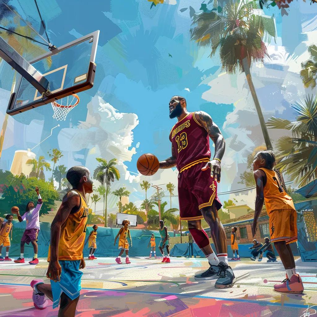 LeBron James engaging with young basketball players from diverse backgrounds on an outdoor court, illustrating his global influence