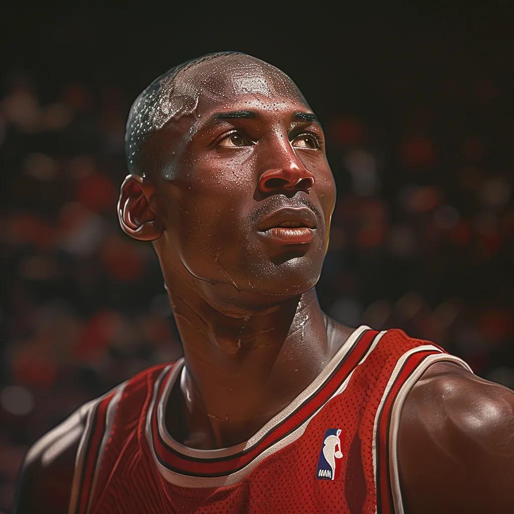 Close-up portrait of Michael Jordan in a Chicago Bulls jersey, highlighting his focus and competitive spirit