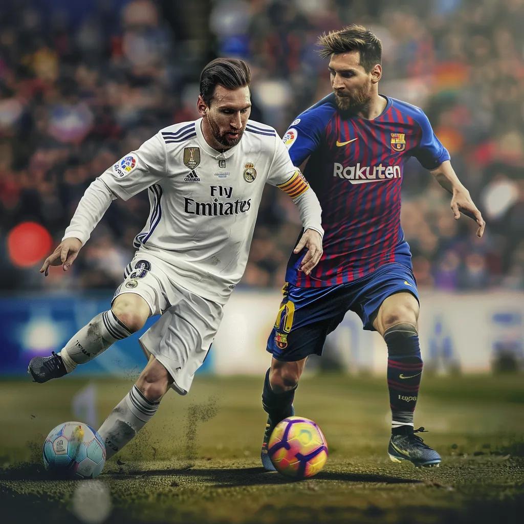 Lionel Messi dribbling and Cristiano Ronaldo scoring, representing the GOAT debate