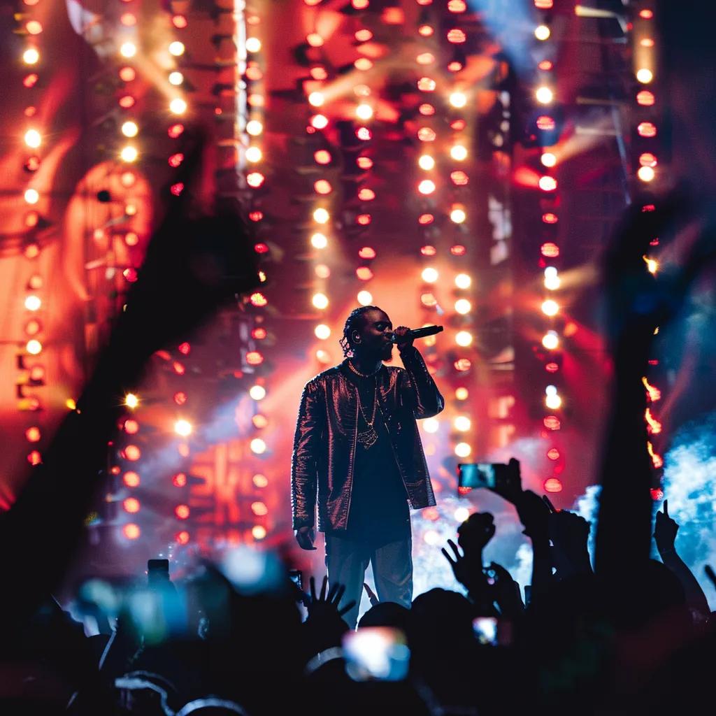 Kendrick Lamar performing at Super Bowl LIX halftime show with vibrant stage lights