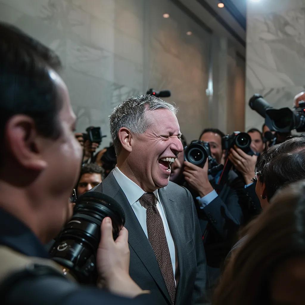 Mayor Bill de Blasio laughing while speaking to reporters, showcasing the humorous reaction to the political gaffe