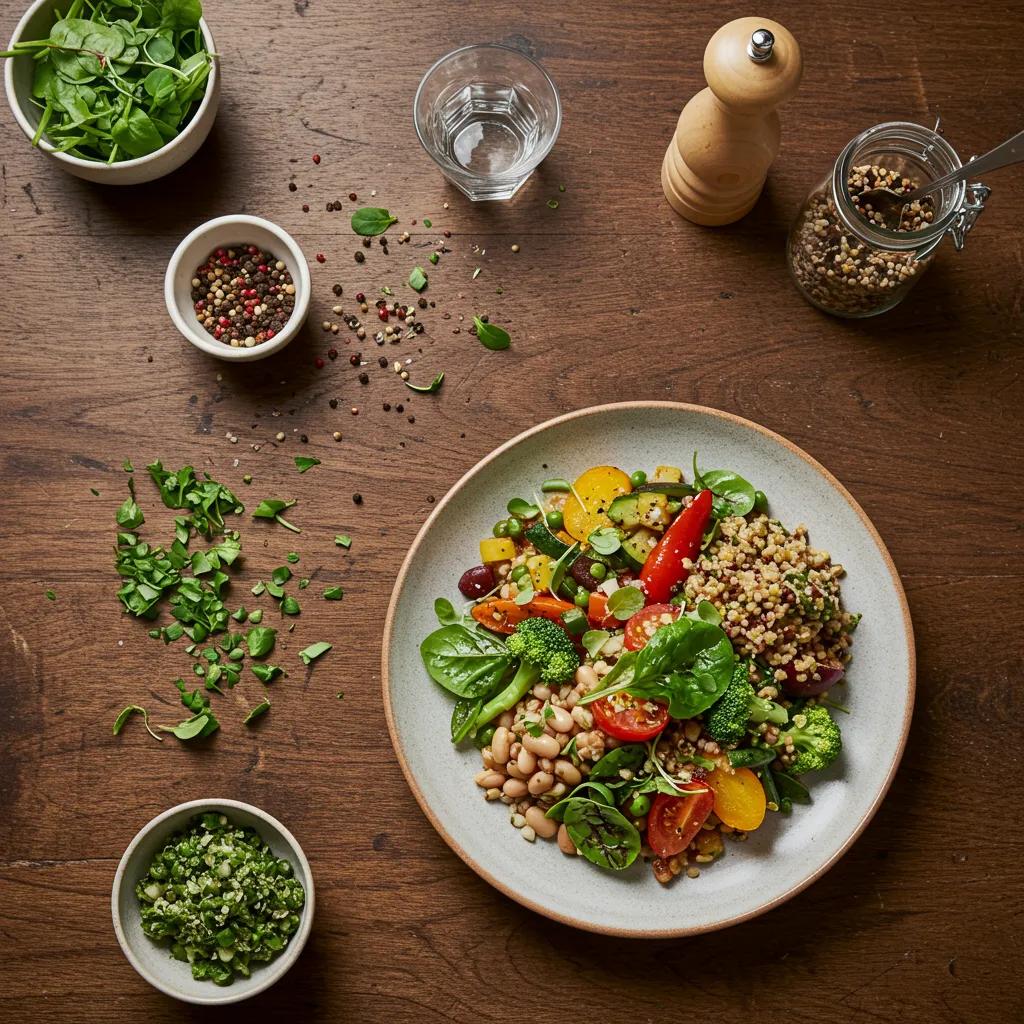 A beautifully plated plant-forward dish showcasing vibrant vegetables and legumes