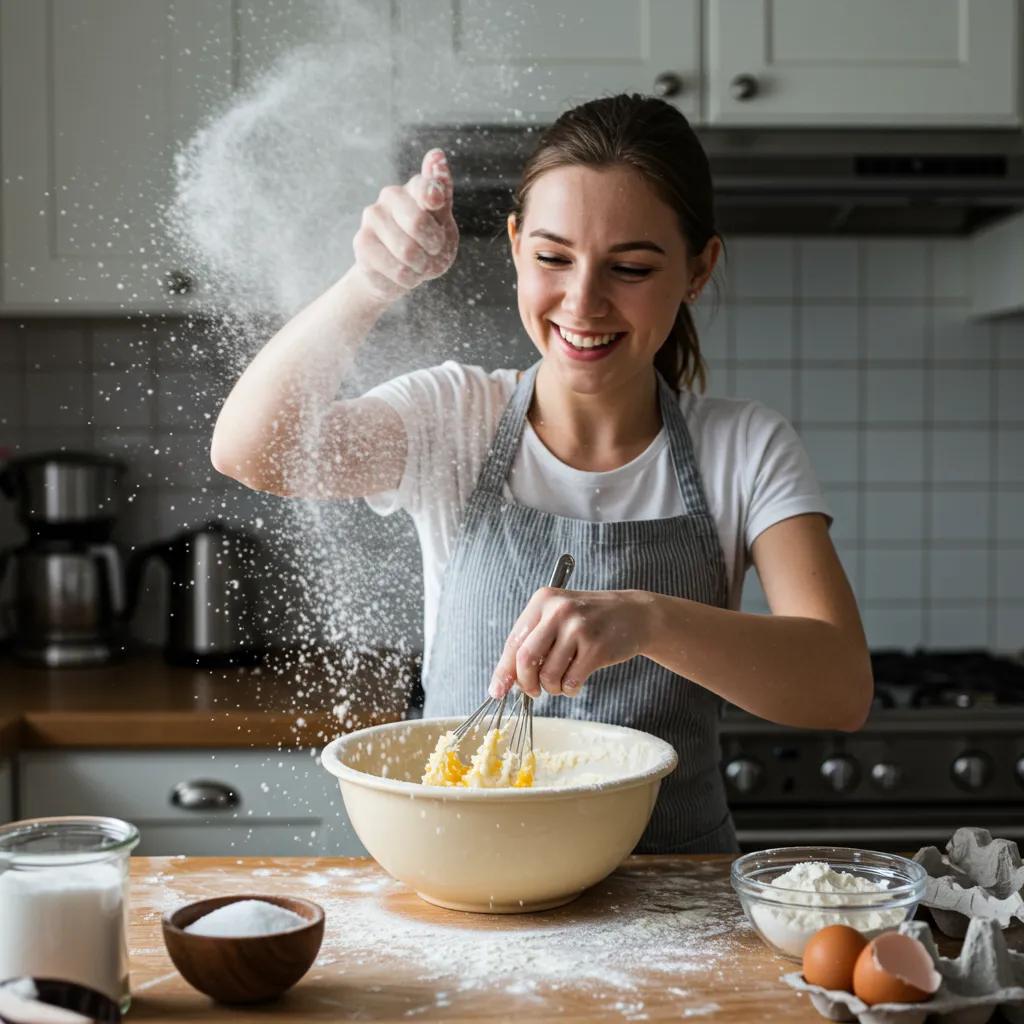 A beginner baker joyfully mixing ingredients in a bright kitchen, highlighting easy baking recipes