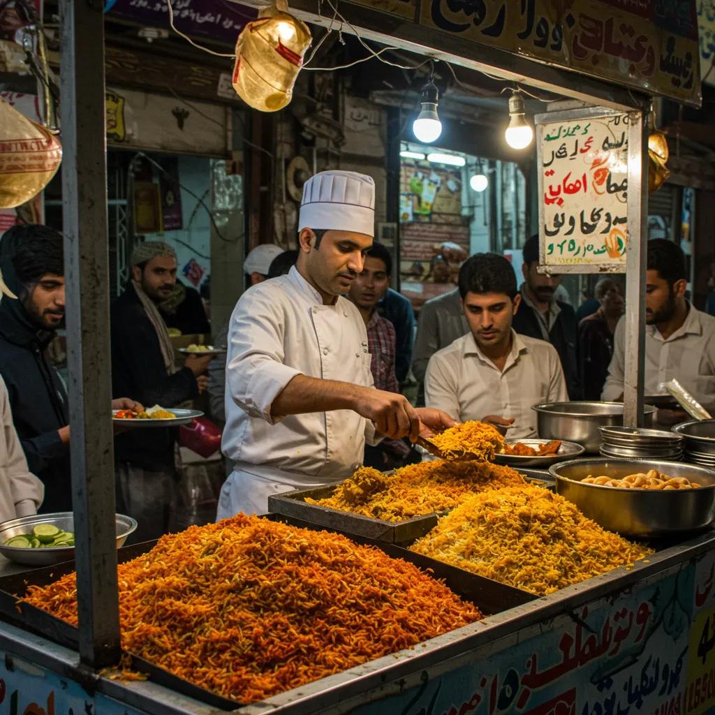 A busy biryani stall in Karachi with a chef serving freshly made biryani, highlighting the street food culture