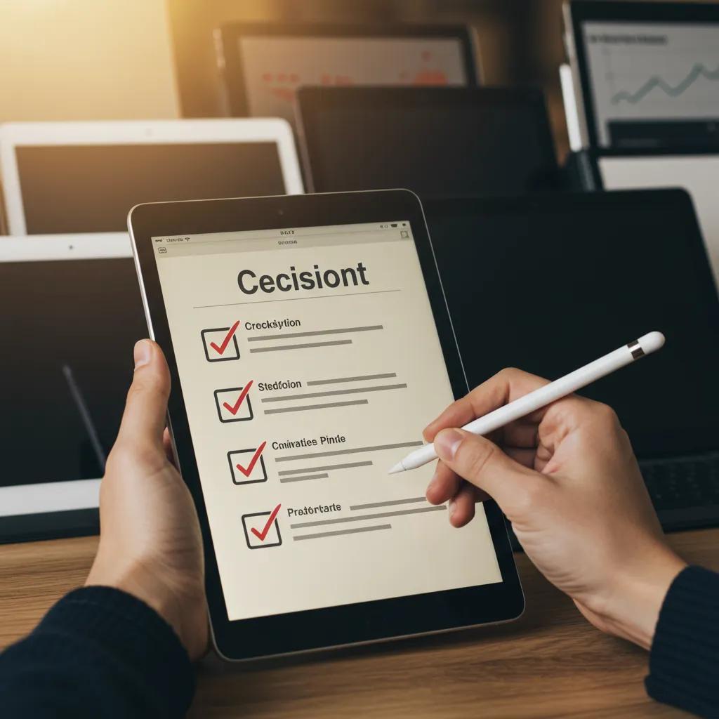 A checklist on a tablet screen with a hand holding a stylus, symbolizing the tablet buying guide process