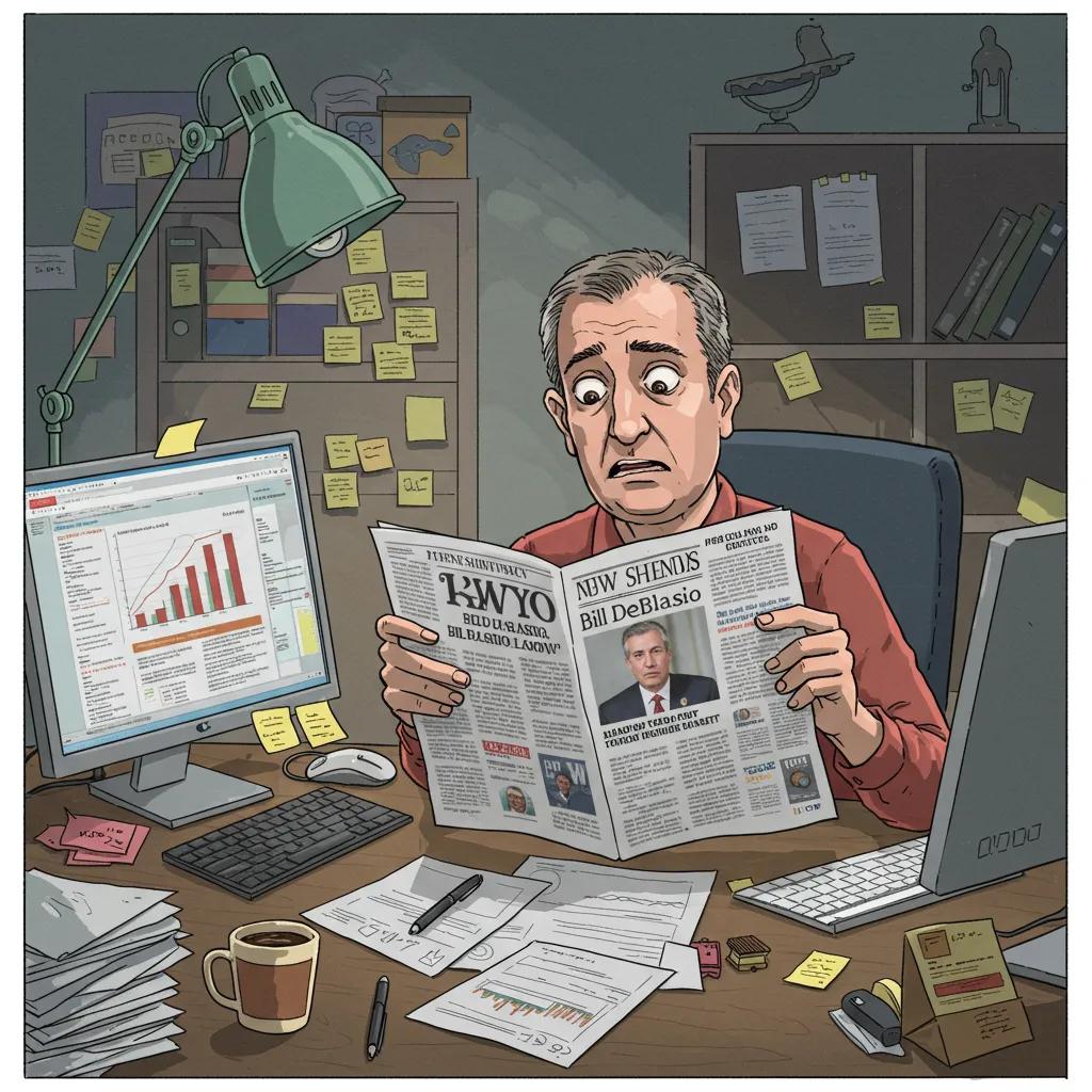 A confused journalist at a cluttered desk, illustrating the chaos of the newspaper mix-up between Bill de Blasio and Bill DeBlasio
