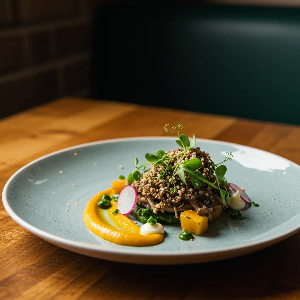 A beautifully presented plant-based dish featuring innovative ingredients like mycelium and expertly seasoned mushrooms