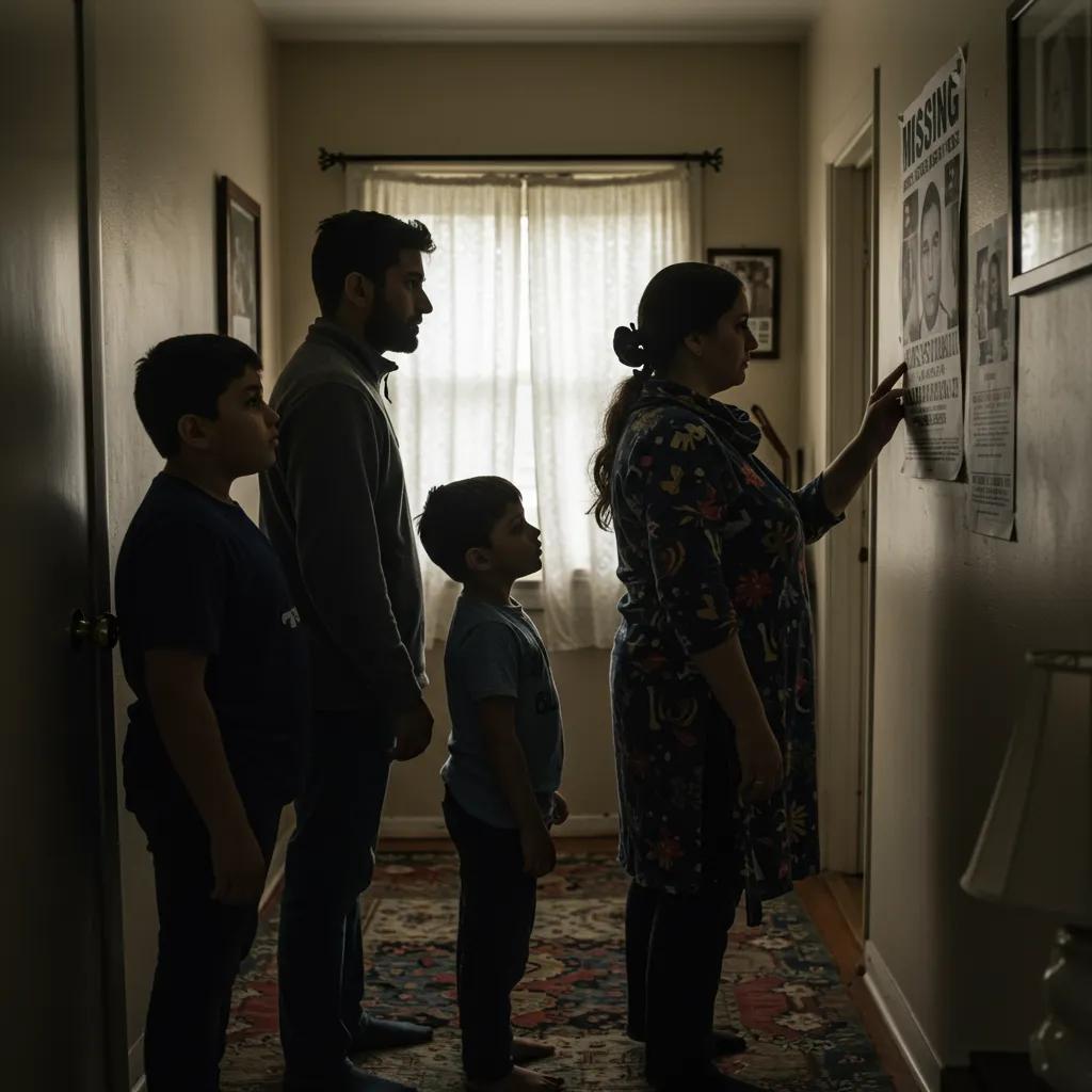 A family gazing at a missing person's poster, highlighting the emotional impact of enforced disappearances in Pakistan