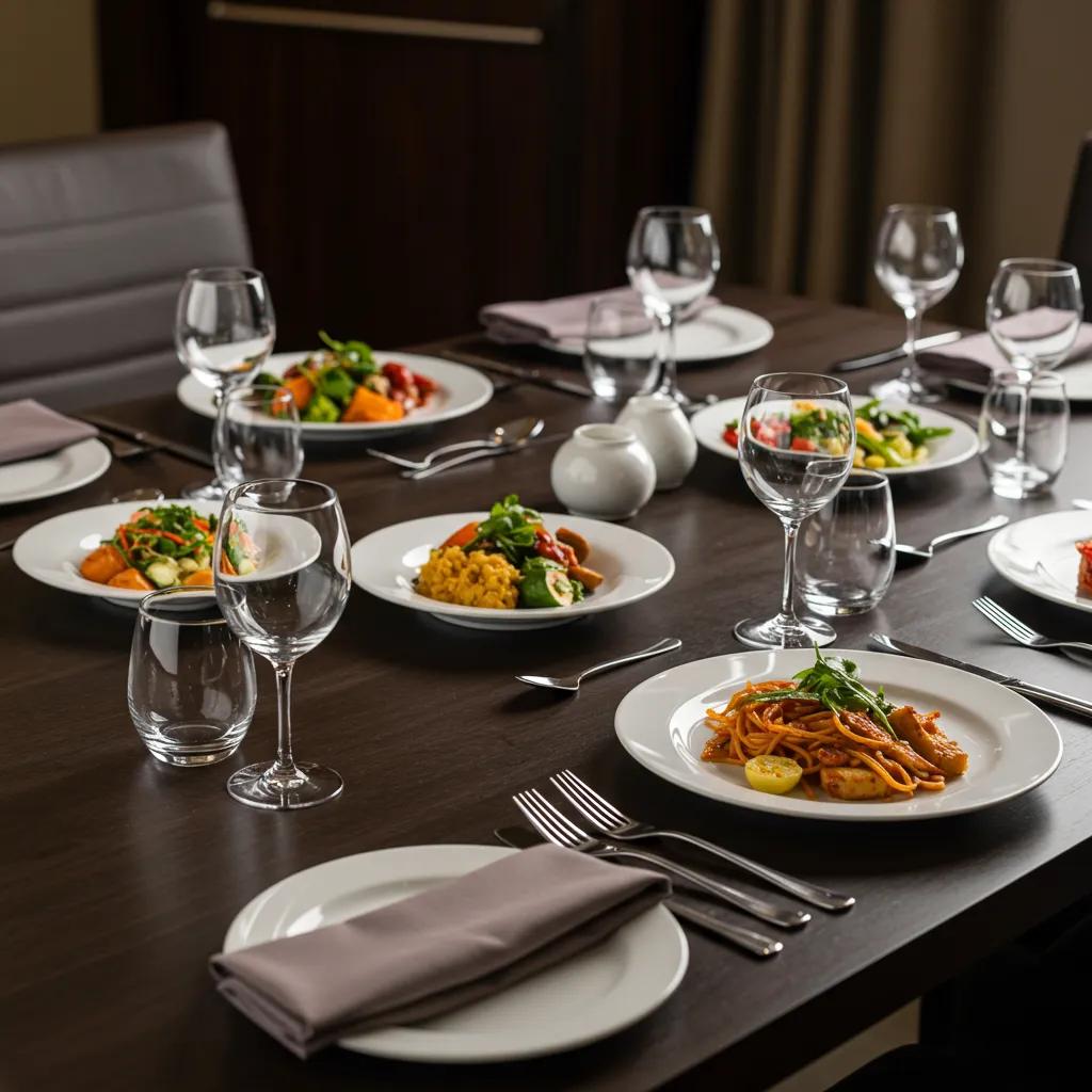 A formal dining table showcasing diverse international cuisine and etiquette for business meals, emphasizing cultural norms