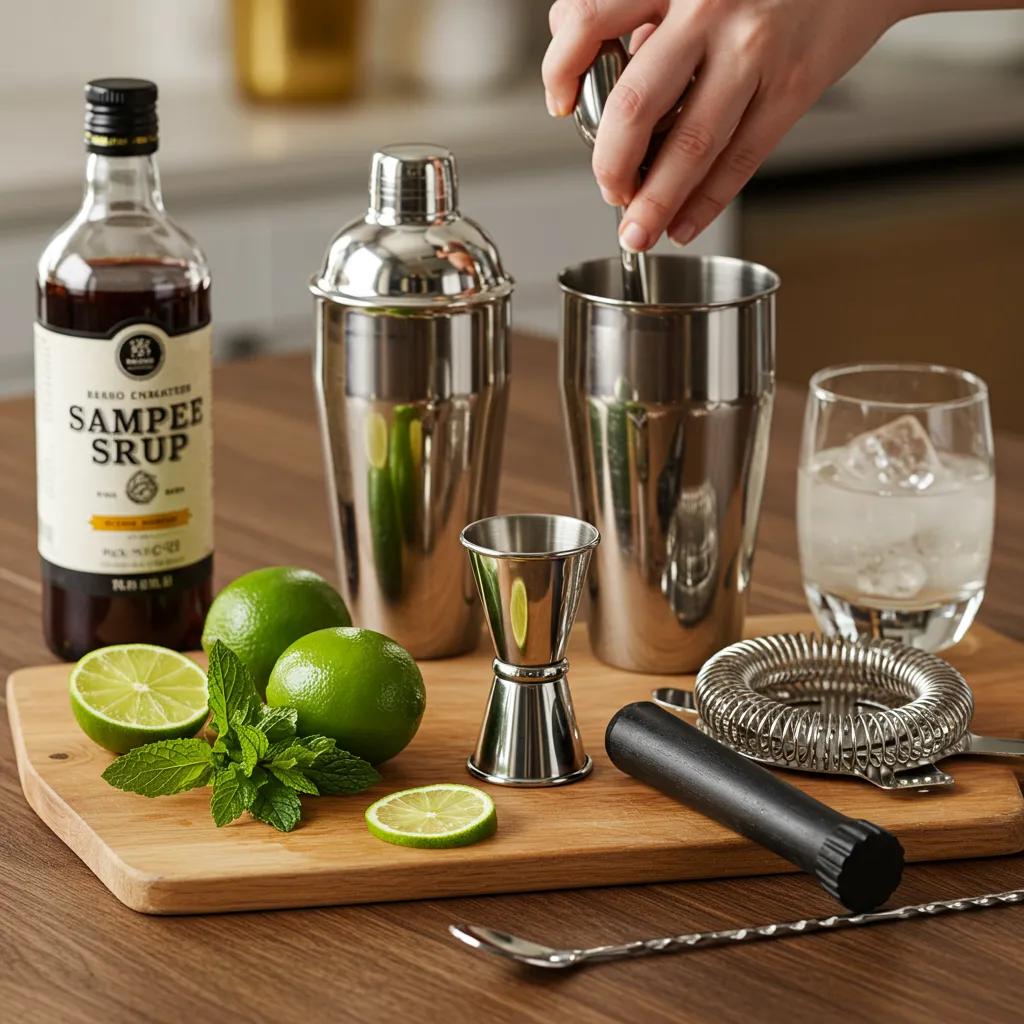 A home bartender preparing cocktails with essential tools and fresh ingredients, illustrating the simplicity of making mixed drinks at home.
