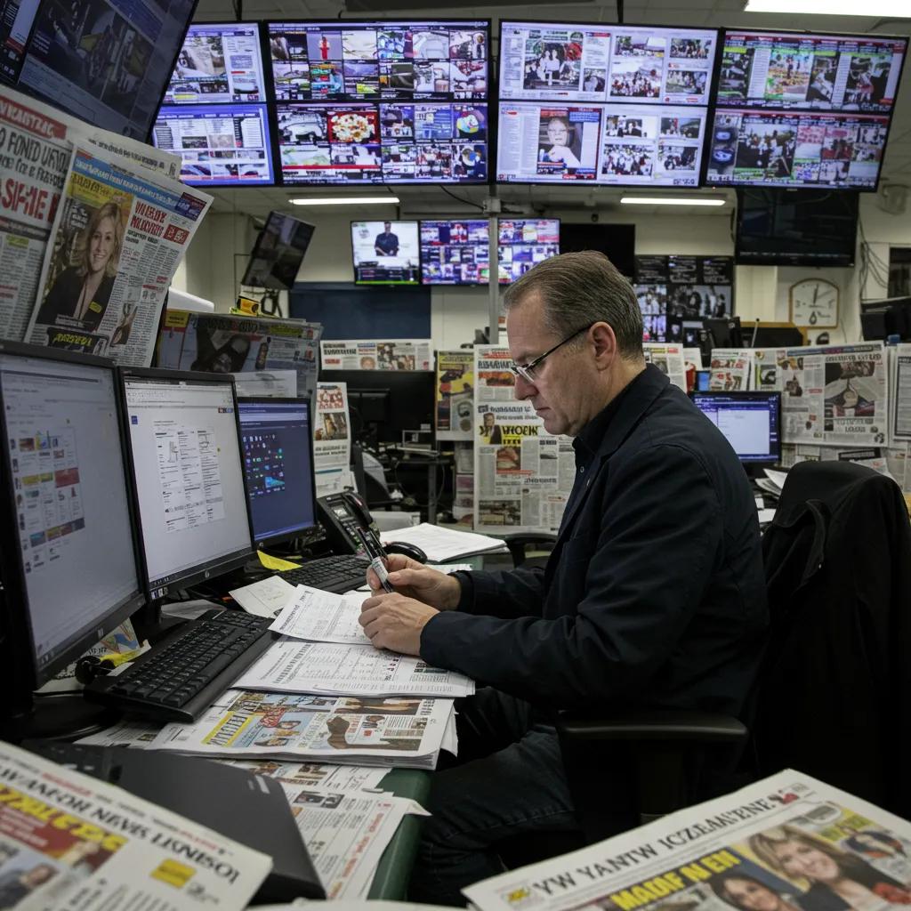 A journalist in a busy newsroom, representing the challenges and resilience of freedom of expression in Pakistan