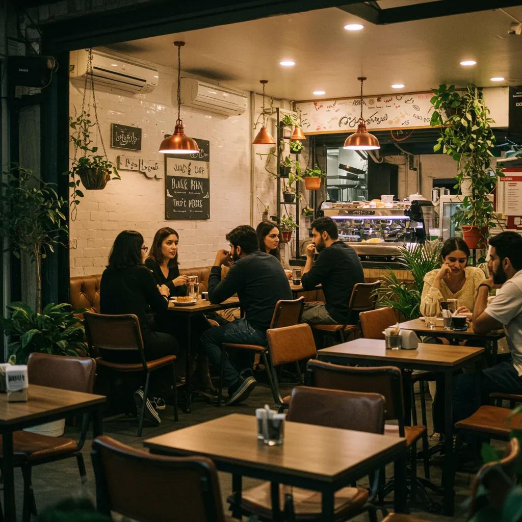 A lively cafe in Lahore with young people enjoying coffee and pastries, showcasing the city's vibrant cafe culture