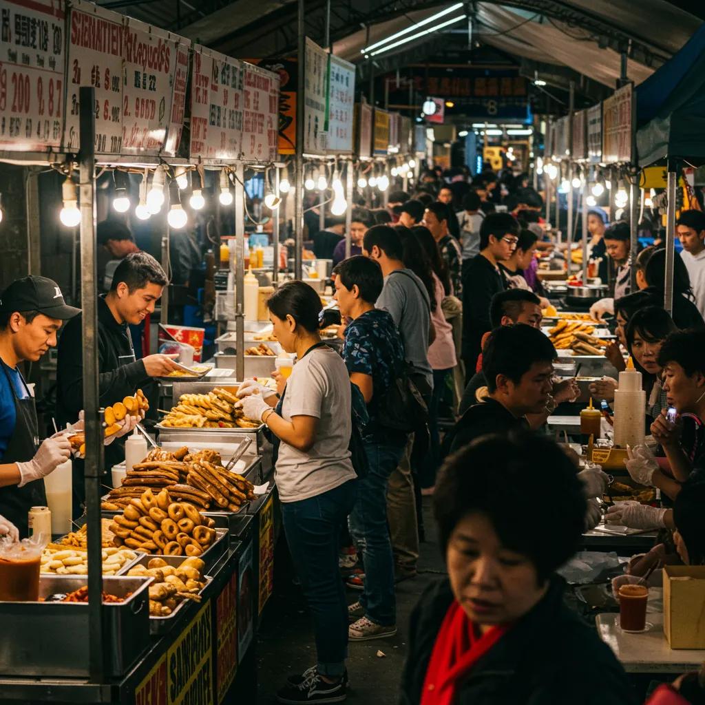A bustling street food market showcasing a vibrant array of traditional foods and the rich cultural heritage of diverse cuisines