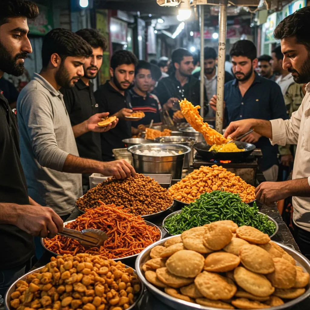 A lively street food scene featuring a vendor preparing popular Pakistani snacks