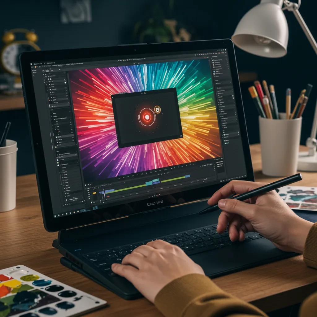 A person engaged in video editing on a high-performance tablet in a creative workspace