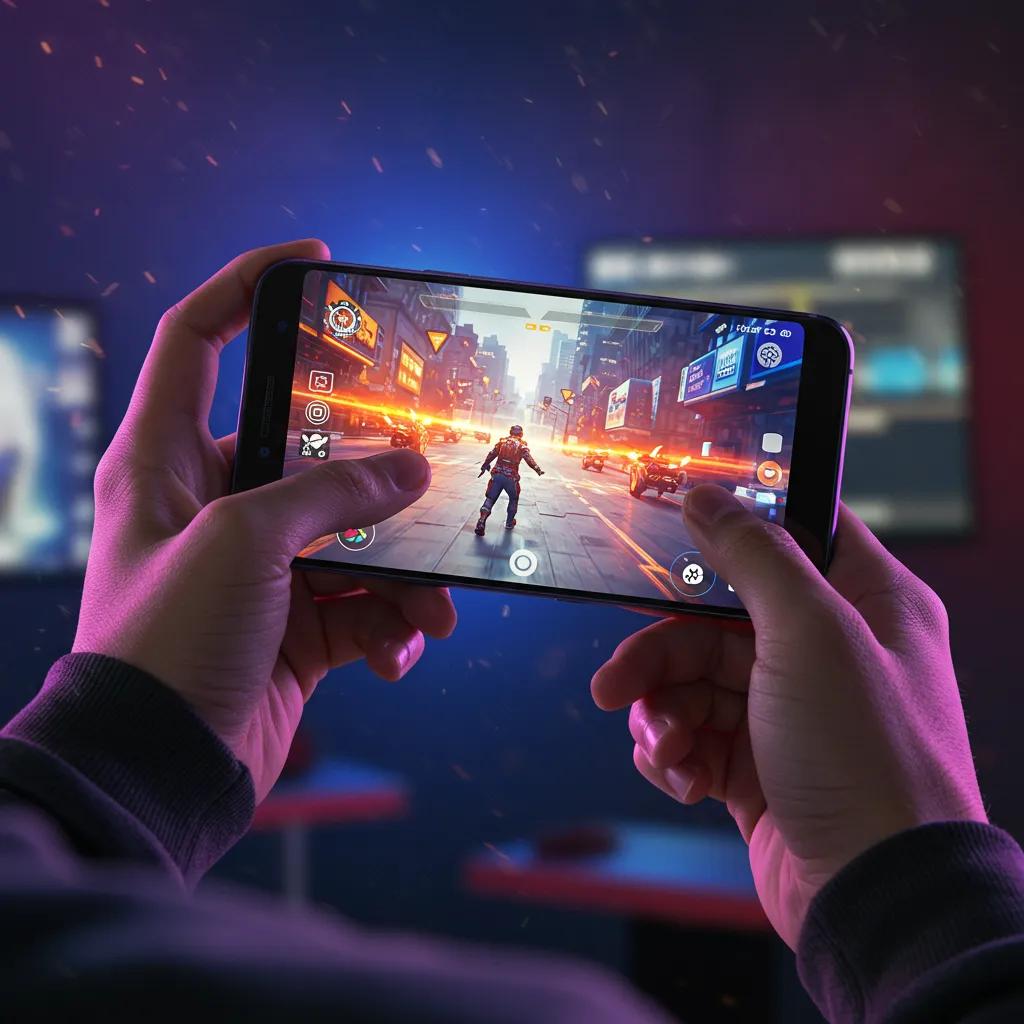 A user intensely gaming on a high-performance smartphone, demonstrating its capabilities in a dynamic environment.