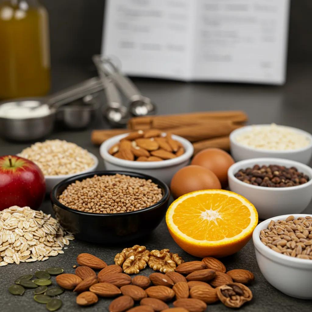 A variety of healthy baking ingredients including whole grains and fruits, promoting nutritious baking tips