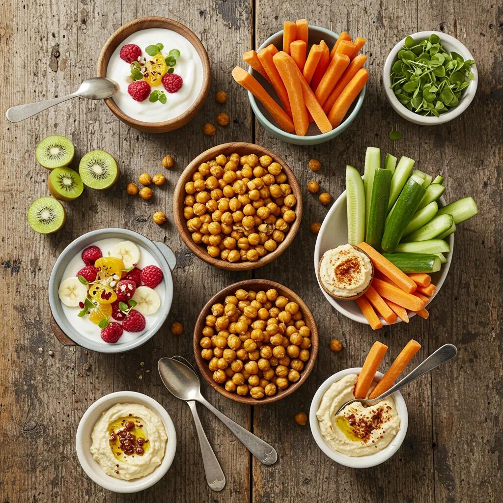 A variety of healthy snacks including yogurt, roasted chickpeas, and vegetable sticks, promoting nutritious eating habits