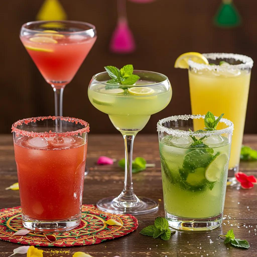 A vibrant assortment of Pakistani-inspired mocktails served at a social gathering, showcasing Rose & Lemon Sherbet, Khus Mint Cooler, and Aam-Mint Punch.
