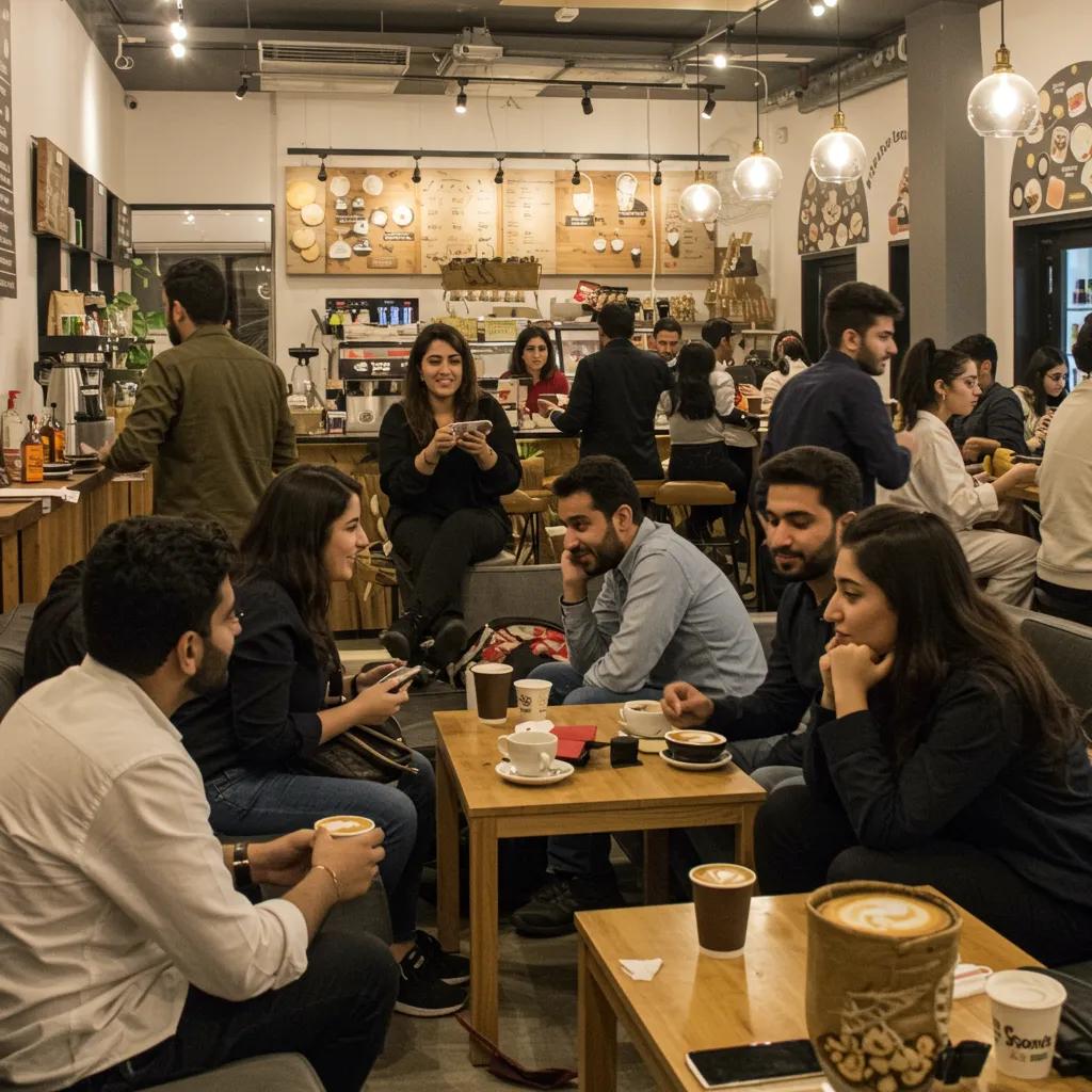 A vibrant coffee shop in Pakistan with young people enjoying coffee, reflecting modern coffee culture and community.
