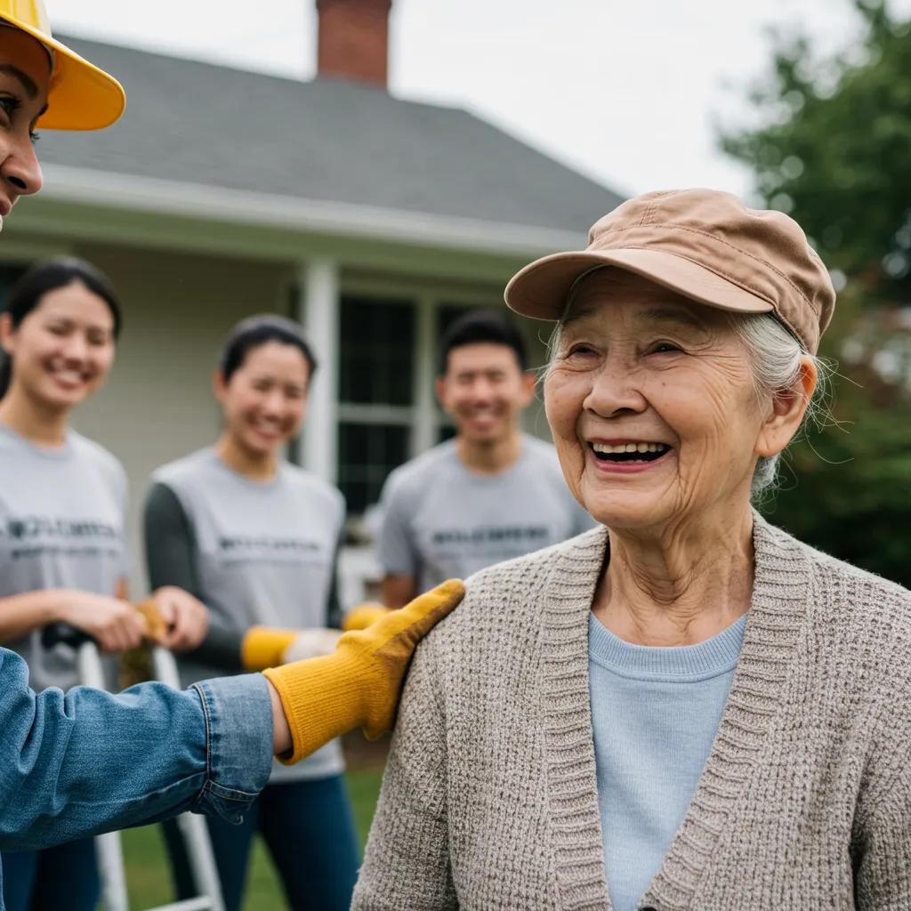 An elderly homeowner smiling as volunteers provide assistance, highlighting the impact of neighborly support and kindness
