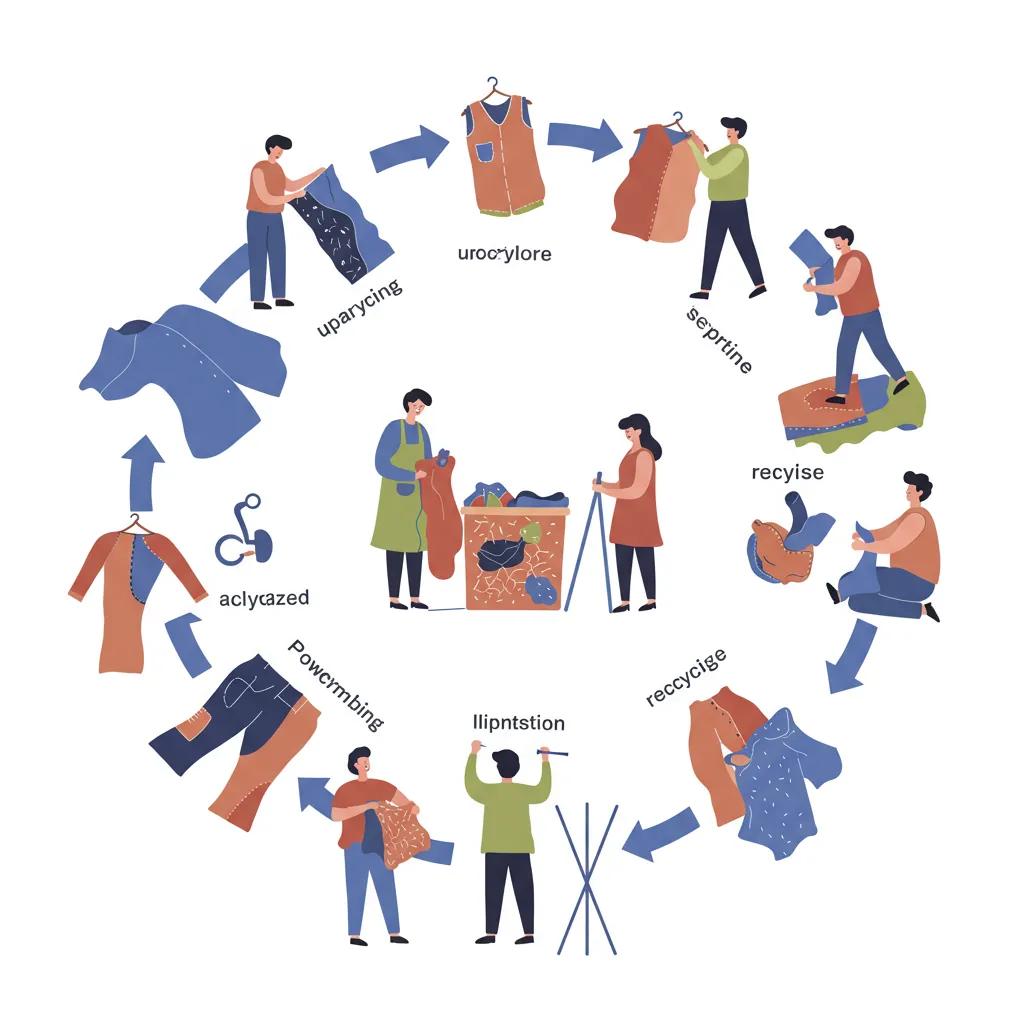 Artistic representation of circular fashion practices showing the cycle of repairing, reusing, and recycling garments