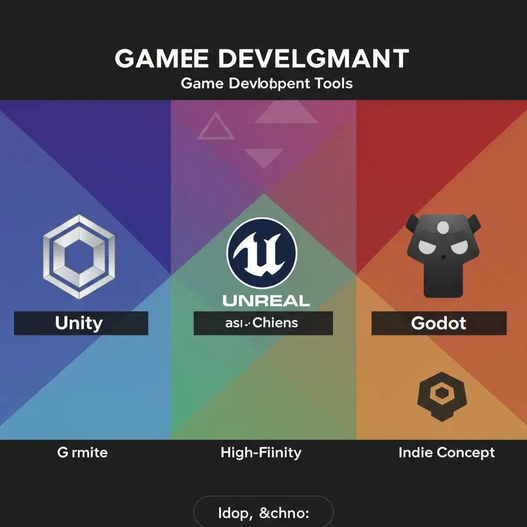 Artistic representation of game engines Unity, Unreal, and Godot, highlighting their unique features