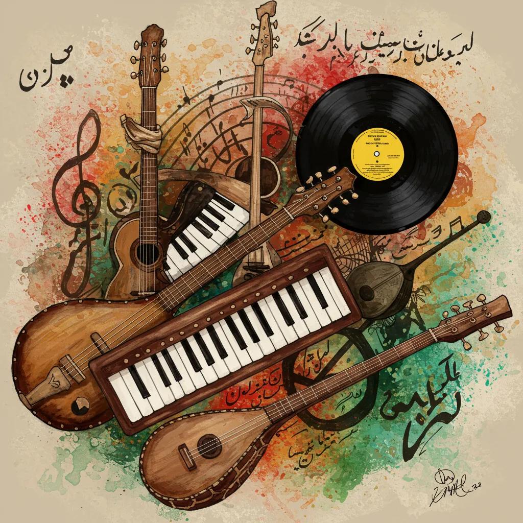 Artistic representation of historical music milestones with iconic instruments and symbols from various genres