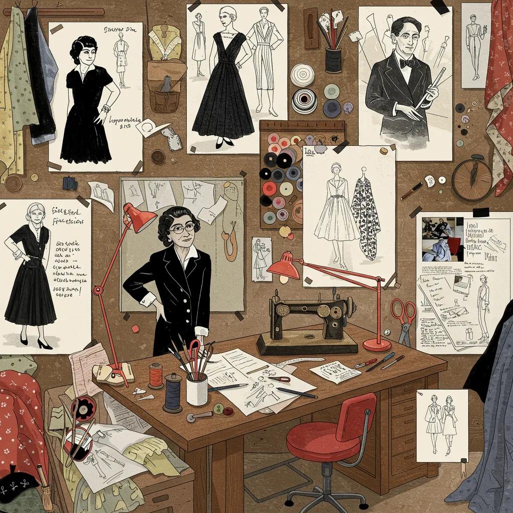 Artistic representation of iconic fashion designers' workspace with sketches and fabrics symbolizing their signature styles