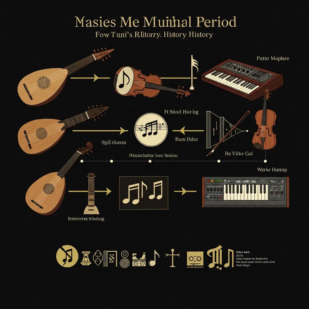 Artistic representation of major musical periods with iconic instruments and symbols illustrating the evolution of music.