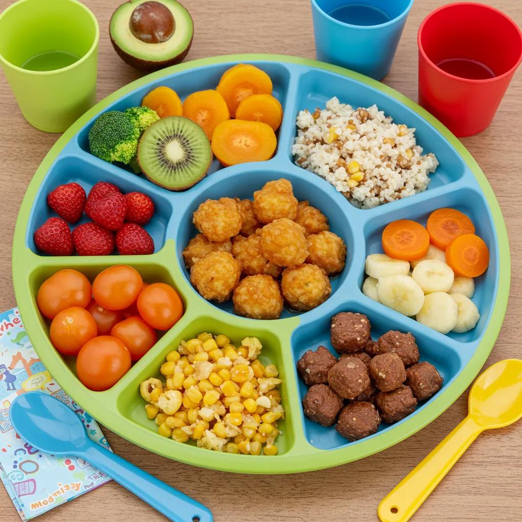Balanced meal for children showcasing nutritious foods like fruits, vegetables, and proteins
