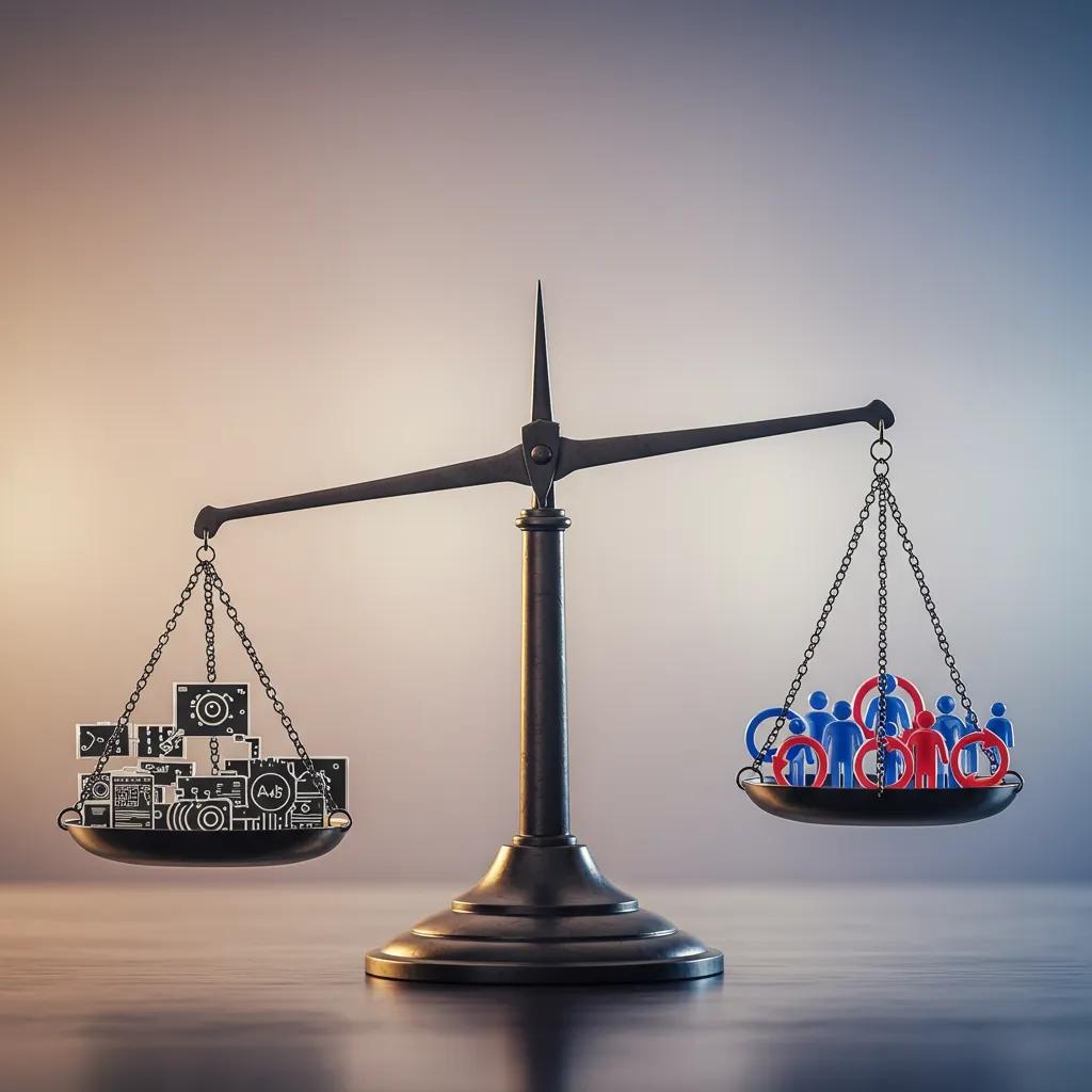 Balanced scale representing ethical concerns in AI development with technology and human rights symbols