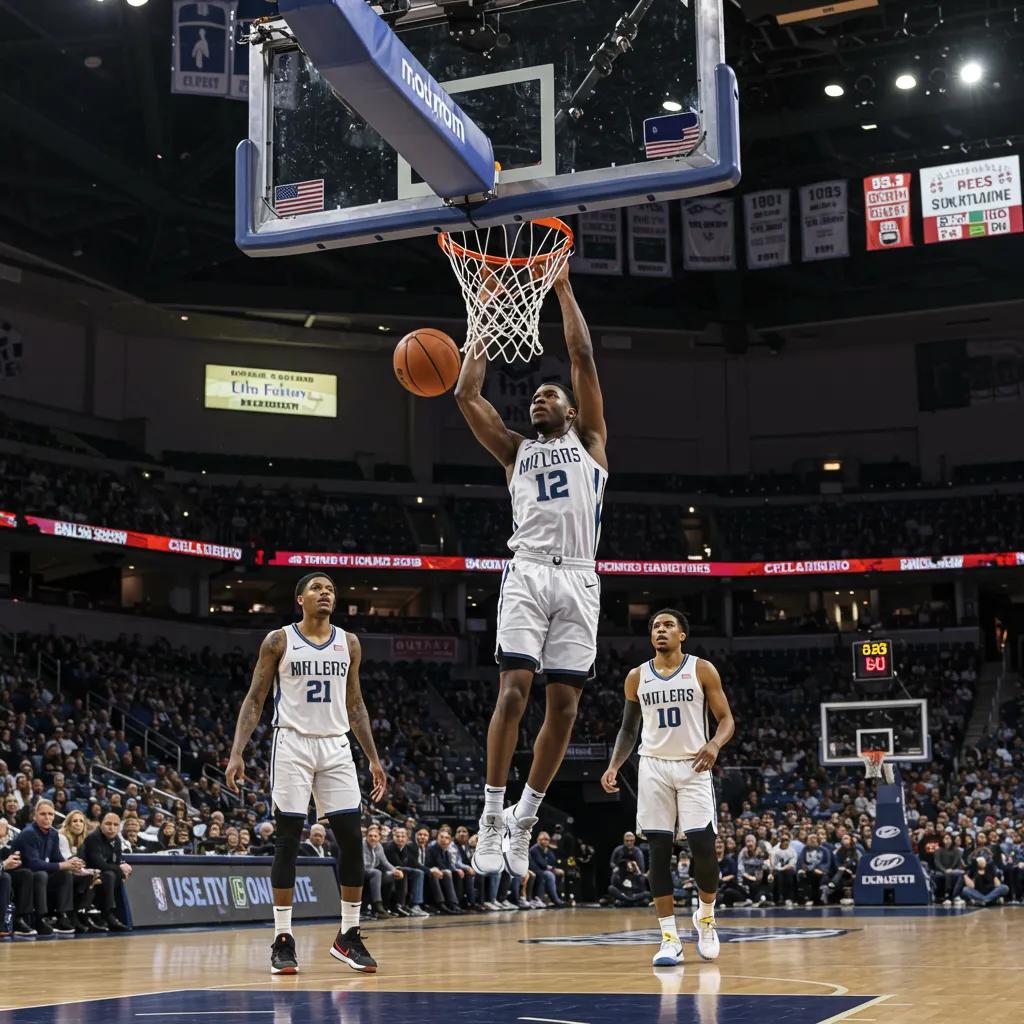 College basketball team celebrating a victory, showcasing teamwork and fan excitement
