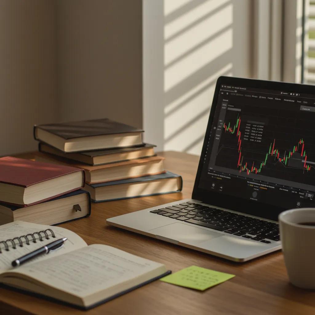 Beginner investor at a desk with investment books and a laptop, representing the journey of learning about the Pakistan stock market