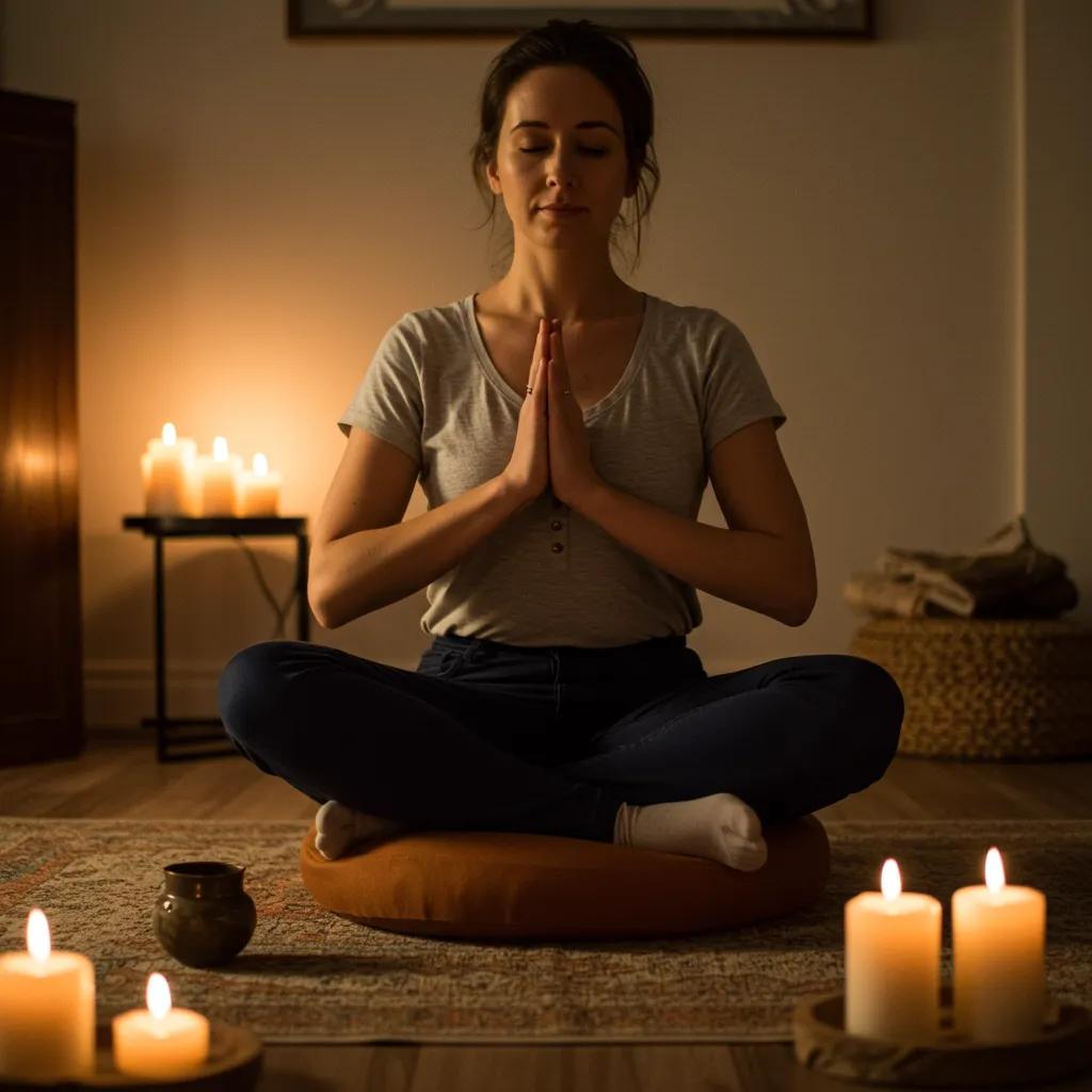 Beginner meditating in a cozy space, illustrating accessible meditation techniques
