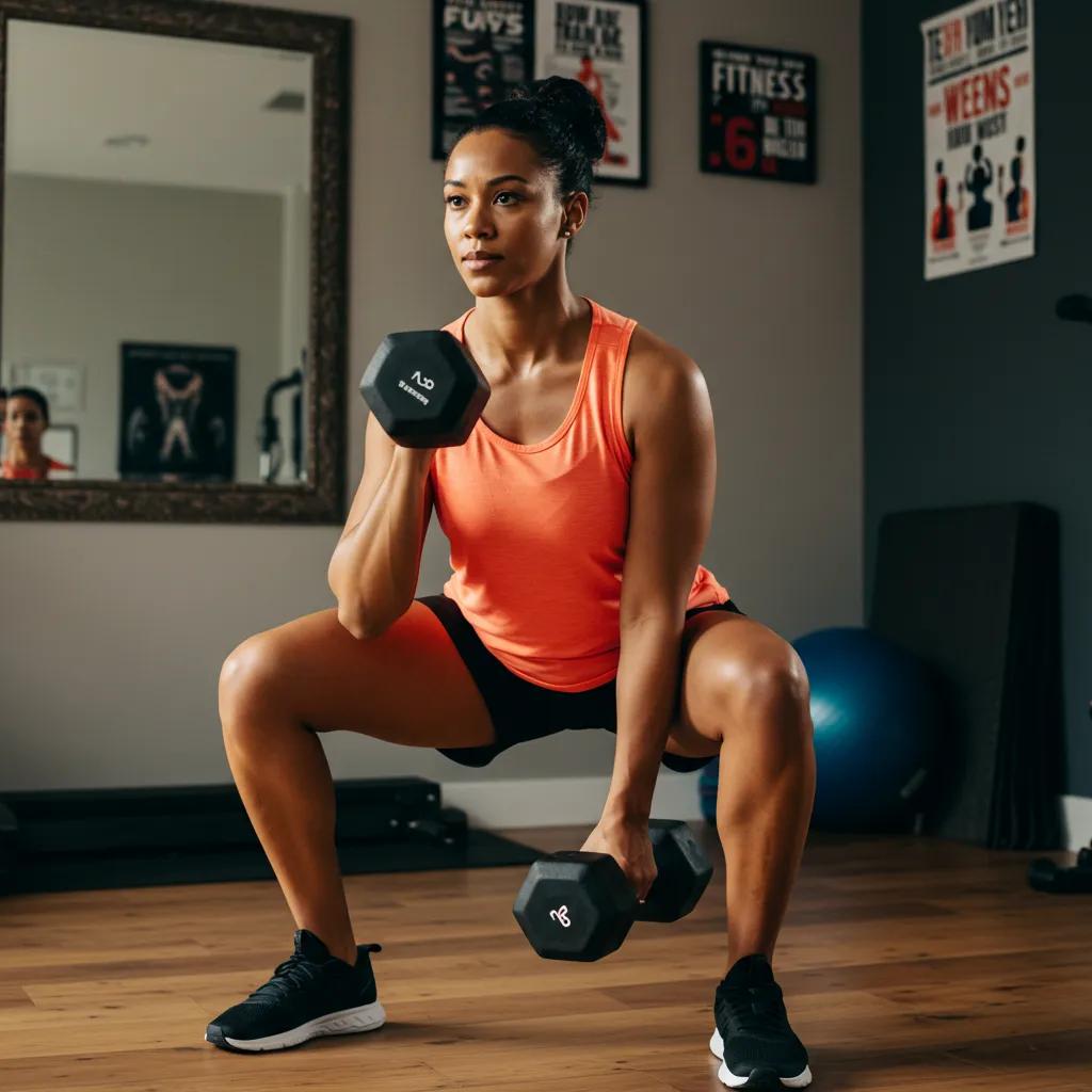 Beginner performing strength training exercise in a home gym, highlighting the benefits of strength training