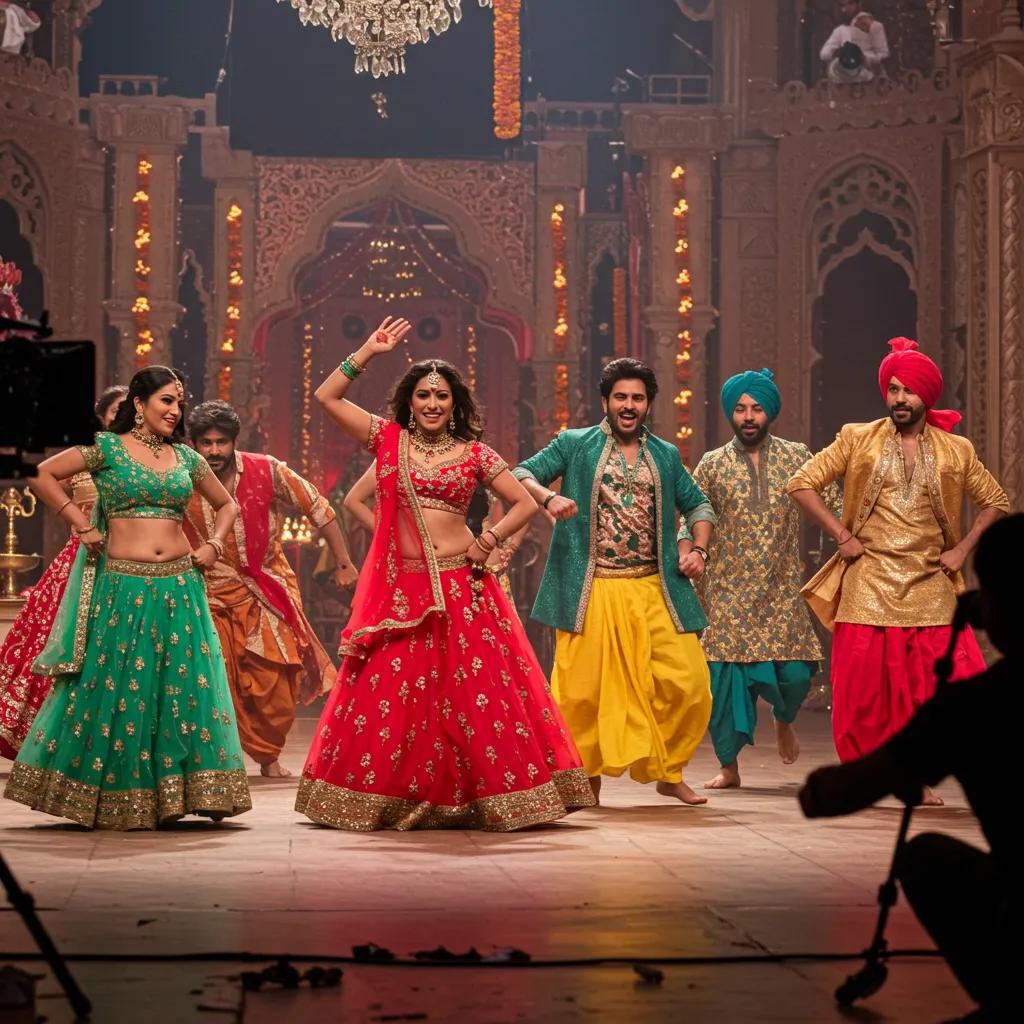 Bollywood film set with actors in traditional attire performing a dance sequence, showcasing vibrant cultural elements